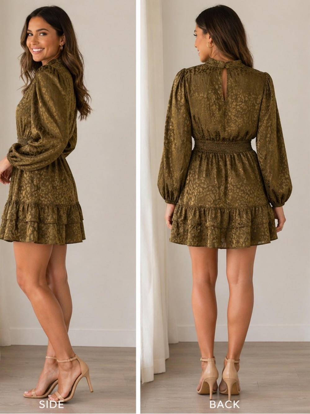 Joy Joy Olive Jacquard Leopard Smocked Waist Mini Dress Size Small NWOT - Picture 2 of 11